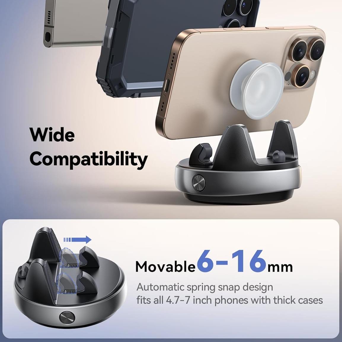 Car Dashboard Phone Mount with Nano-Gel Base, 360° Rotating Phone Holder Stand, Fits Phones 4-7'', Black