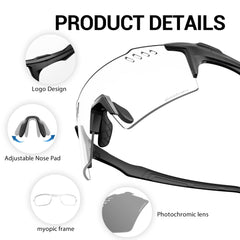 Photochromic Sport Glasses for Men Women, UV400 Protection, Anti Glare Windproof Cycling Sunglasses with Lightweight TR90 Frame for MTB, Road Riding, Running