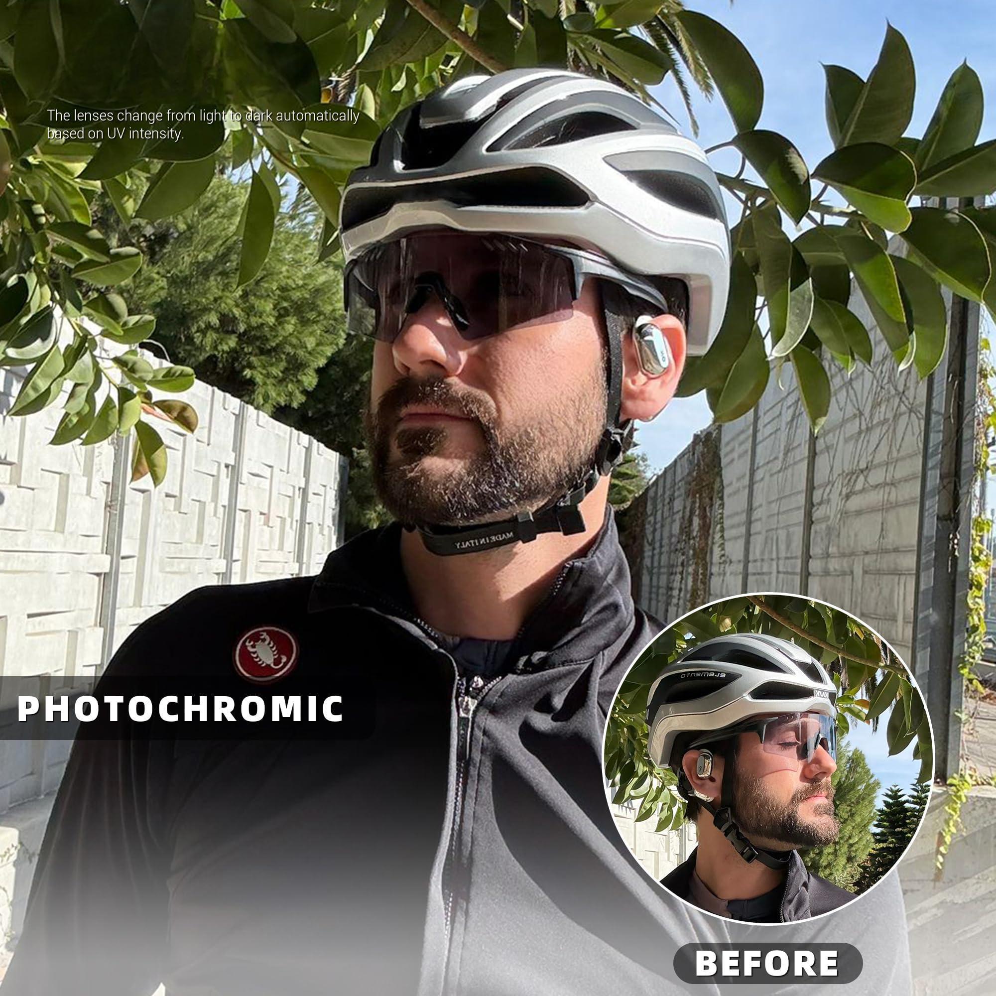 Photochromic Sport Glasses for Men Women, UV400 Protection, Anti Glare Windproof Cycling Sunglasses with Lightweight TR90 Frame for MTB, Road Riding, Running