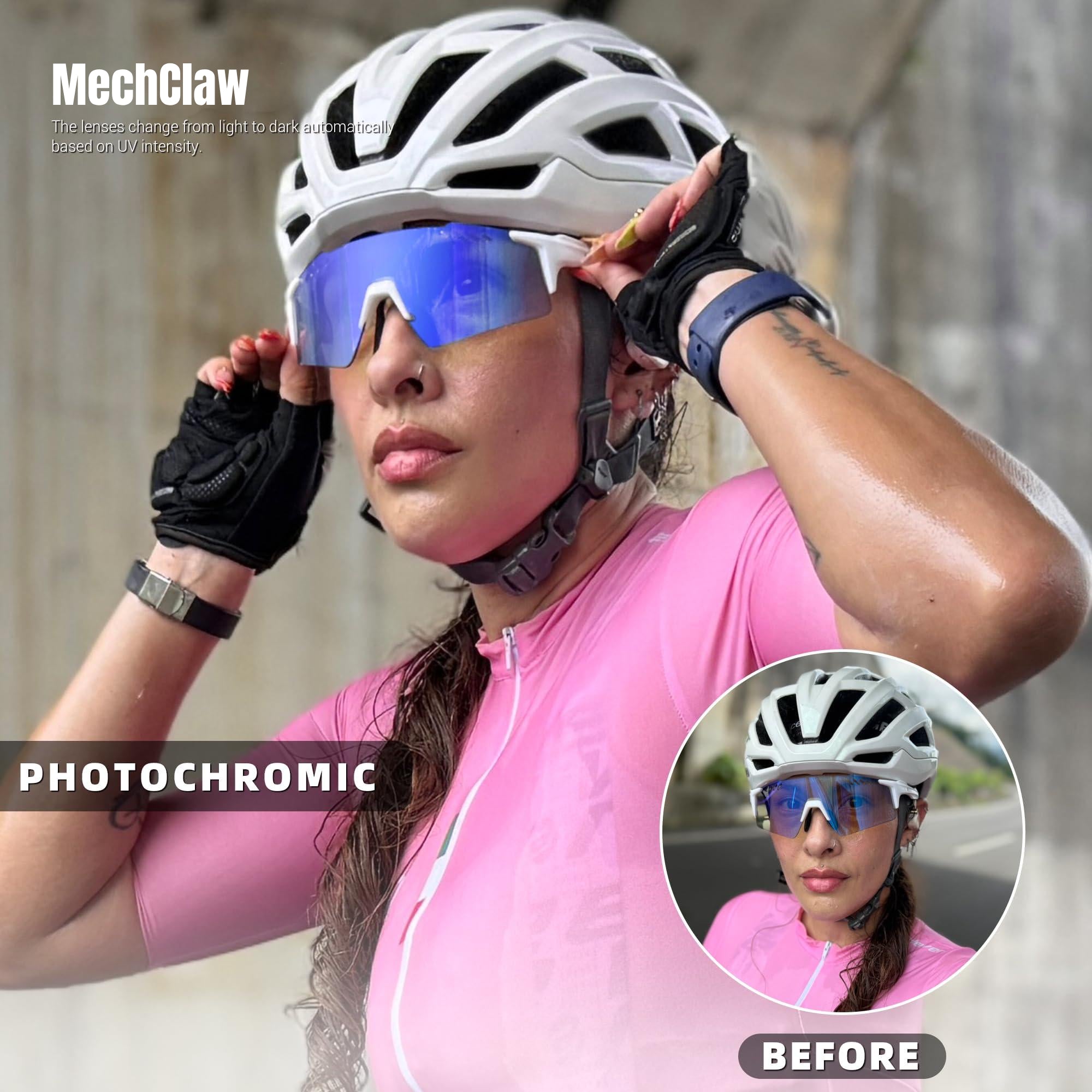 Photochromic Sport Glasses for Men Women, UV400 Protection, Anti Glare Windproof Cycling Sunglasses with Lightweight TR90 Frame for MTB, Road Riding, Running