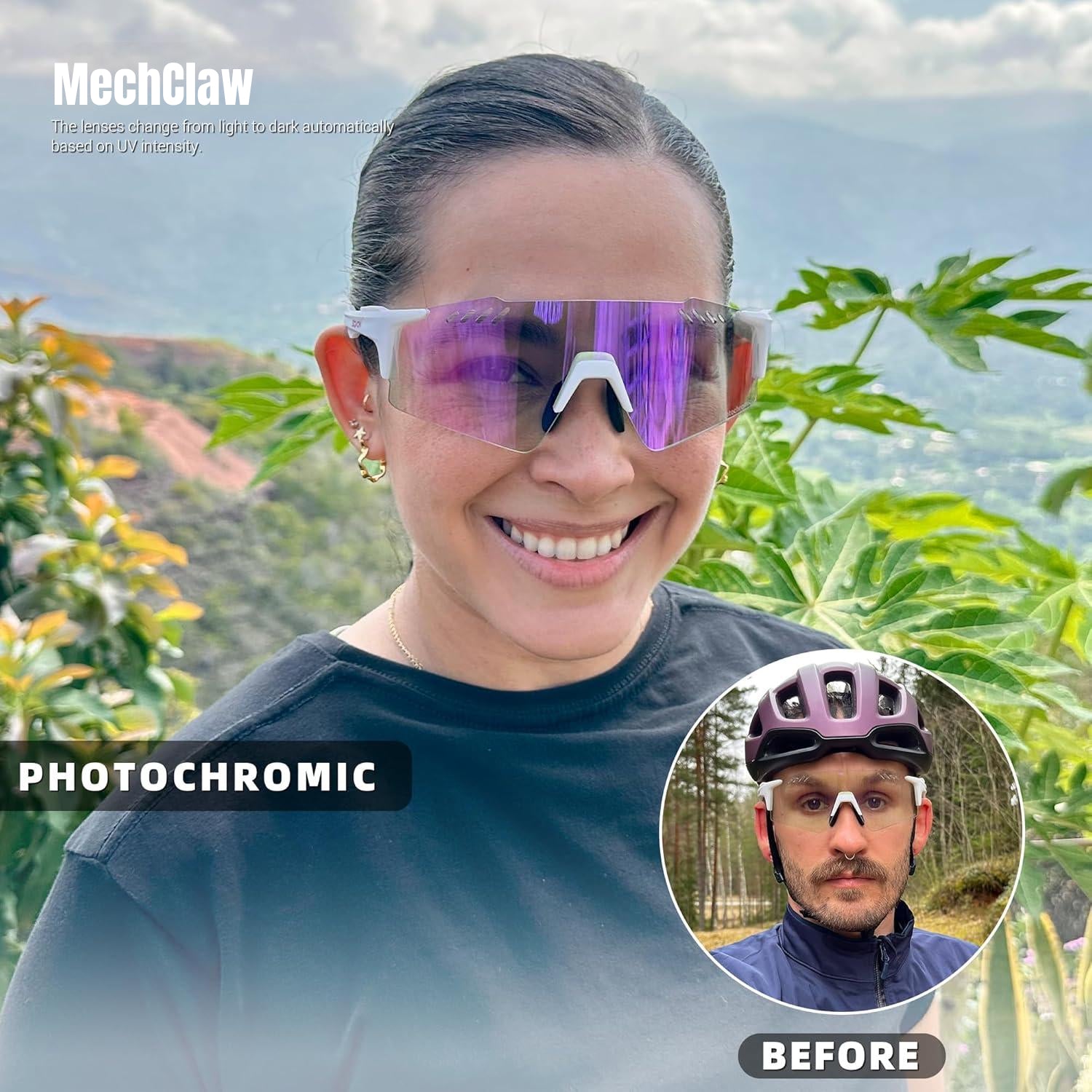 Photochromic Sport Glasses for Men Women, UV400 Protection, Anti Glare Windproof Cycling Sunglasses with Lightweight TR90 Frame for MTB, Road Riding, Running