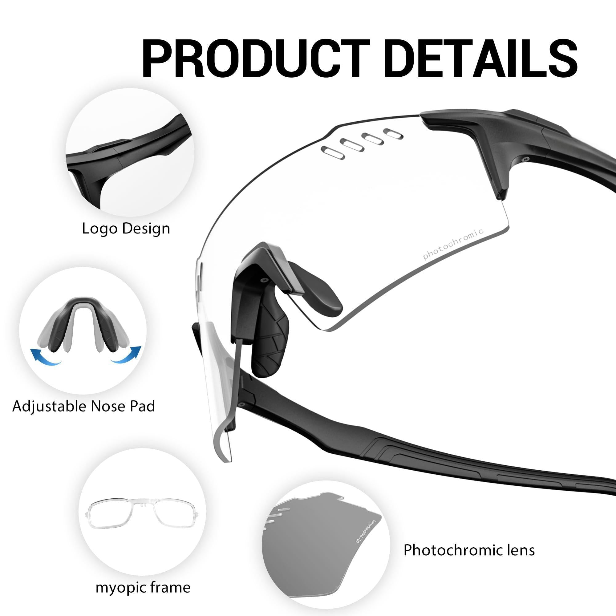 Photochromic Sport Glasses for Men Women, UV400 Protection, Anti Glare Windproof Cycling Sunglasses with Lightweight TR90 Frame for MTB, Road Riding, Running